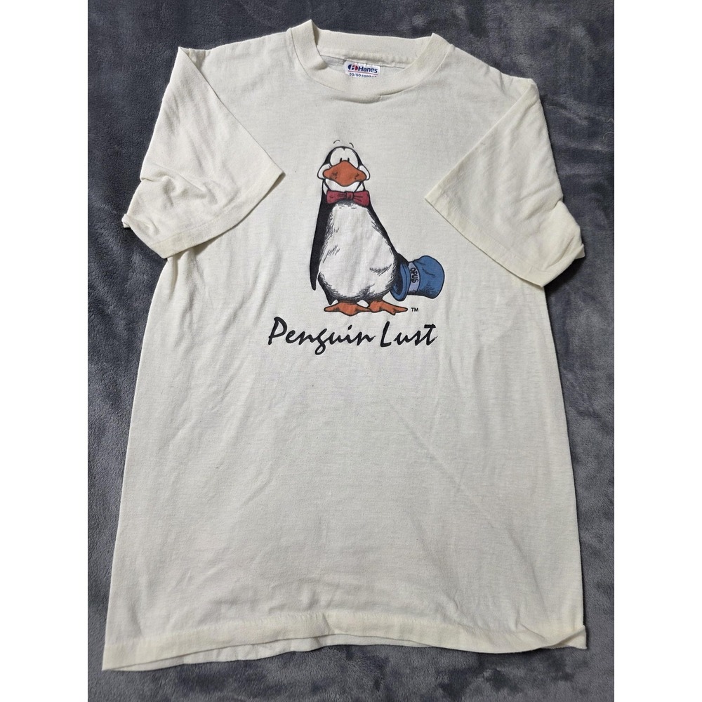 Vintage Penguin Lust Shirt Mens Medium White Opus Graphic Tee Hanes USA‎ Cartoon